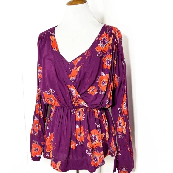 Free People Tropical Floral Print Faux Wrap Tie Sleeve Purple Peplum Blouse - Picture 6 of 15